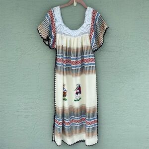 Vintage Handmade Wool Ecuadorian Kaftan Dress Blue/White Long Sleeve Boho S